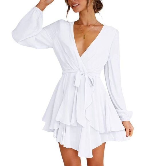 Women Casual Dress Flowy Bohemian Tshirt Wrap Dress Tie Waist Shift Mini Dress T - Picture 6 of 17